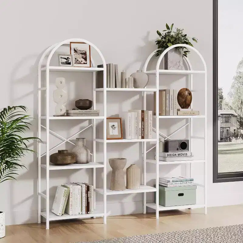 Libreria ad Arco, 11 Ripiani Aperti, Struttura in Metallo e Legno, Nero/Marrone/Bianco