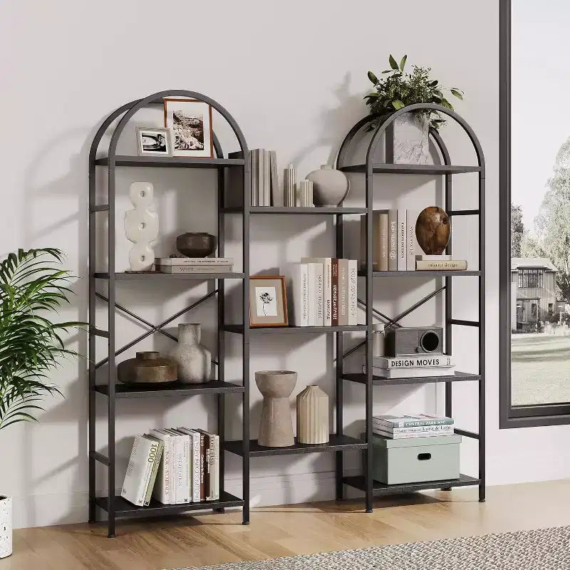 Libreria ad Arco, 11 Ripiani Aperti, Struttura in Metallo e Legno, Nero/Marrone/Bianco