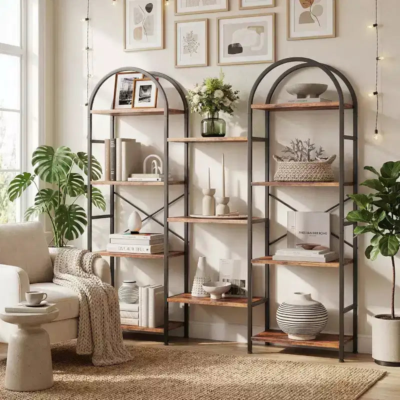 Libreria ad Arco, 11 Ripiani Aperti, Struttura in Metallo e Legno, Nero/Marrone/Bianco
