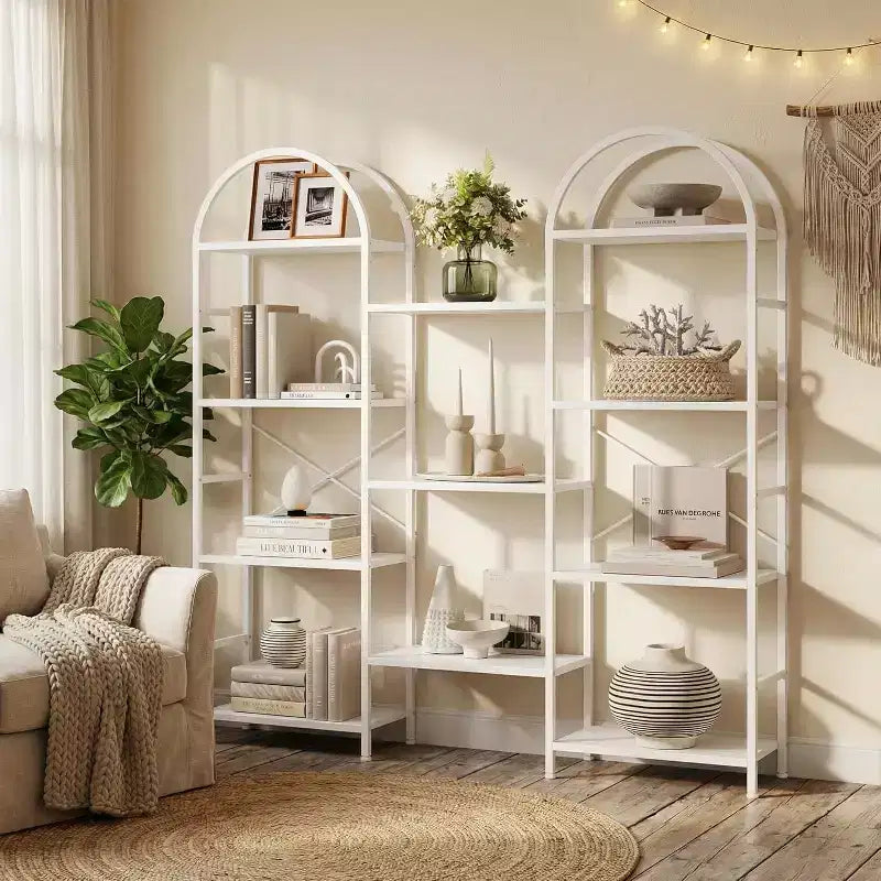 Libreria ad Arco, 11 Ripiani Aperti, Struttura in Metallo e Legno, Nero/Marrone/Bianco
