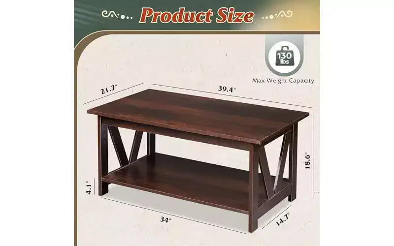 Tavolino da caffè stile rustico con ripiano portaoggetti a 2 livelli, struttura a V, color espresso/greige