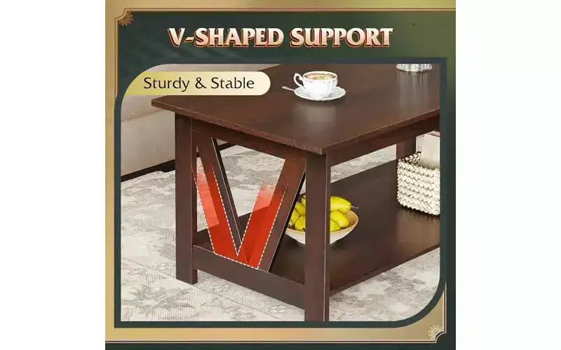 Tavolino da caffè stile rustico con ripiano portaoggetti a 2 livelli, struttura a V, color espresso/greige