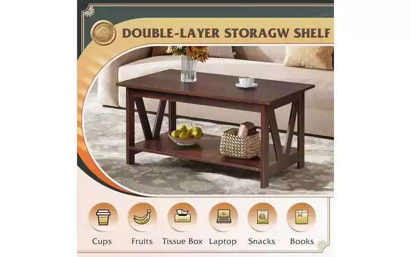 Tavolino da caffè stile rustico con ripiano portaoggetti a 2 livelli, struttura a V, color espresso/greige