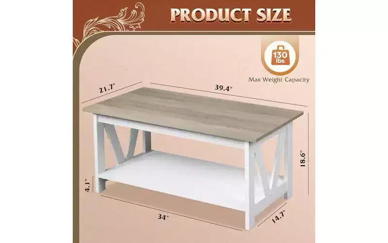 Tavolino da caffè stile rustico con ripiano portaoggetti a 2 livelli, struttura a V, color espresso/greige