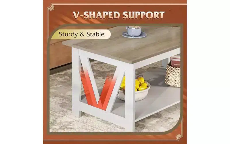 Tavolino da caffè stile rustico con ripiano portaoggetti a 2 livelli, struttura a V, color espresso/greige